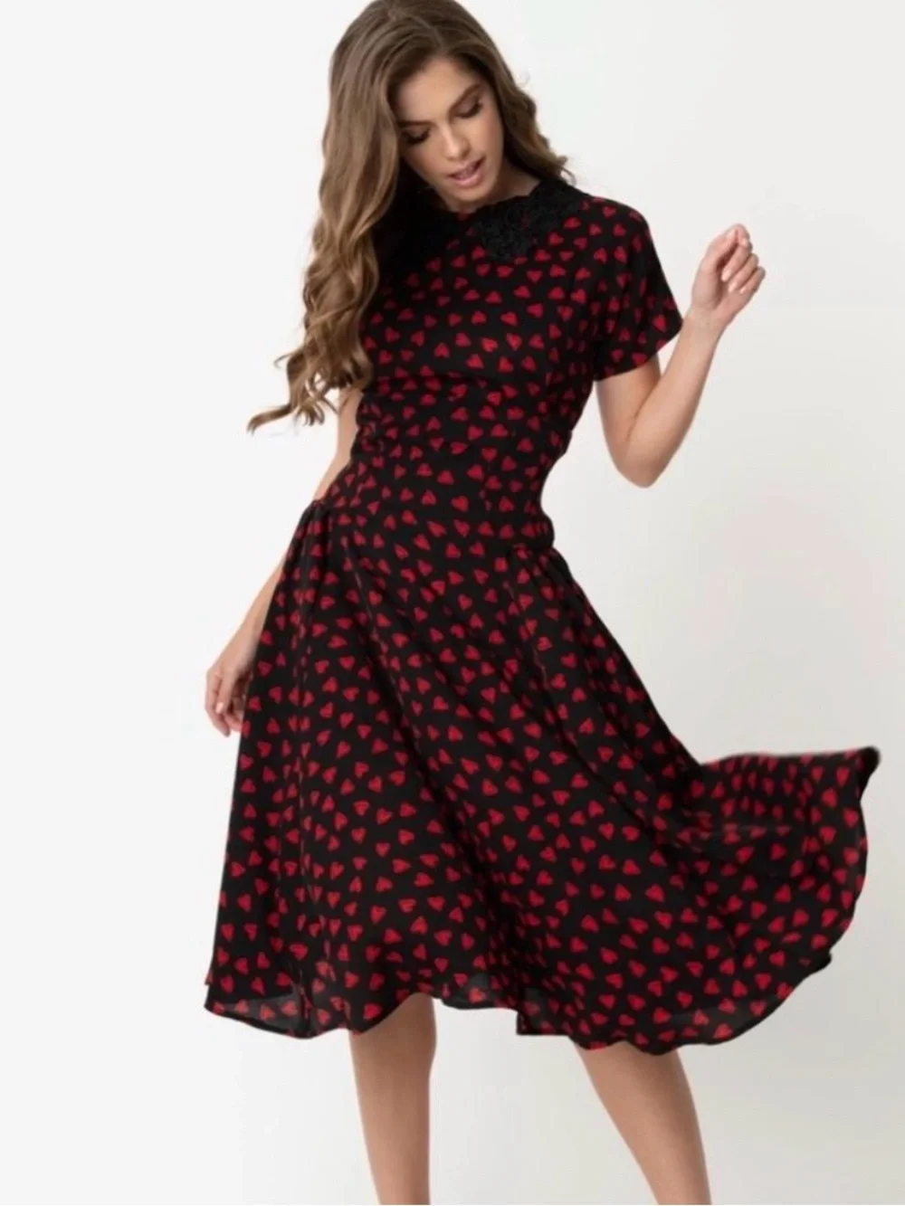 Unique Vintage Margie 1940s Heart Print Midi Dress Black Red Lace Collar 2X - Picture 3 of 9